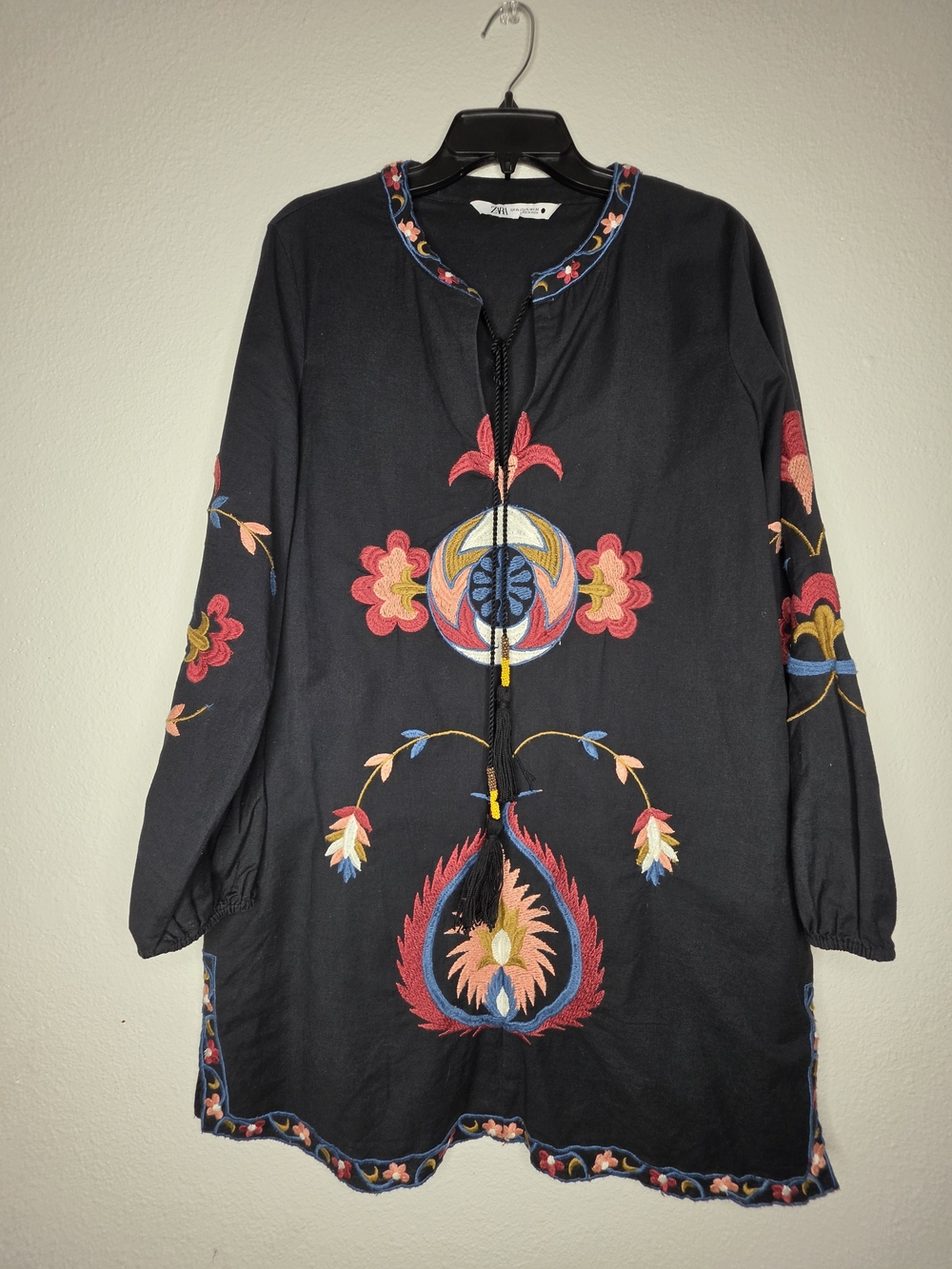 ZARA Womens XL Black Floral Woven Tunic Split Neck Drawstring Tassel Tie Dress